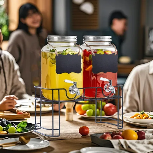 Vista 6 de dispensador de bebidas de vidrio de 1 galón con soporte, paquete de 2 dispensadores de vidrio con llave de acero inoxidable, dispensador de agua