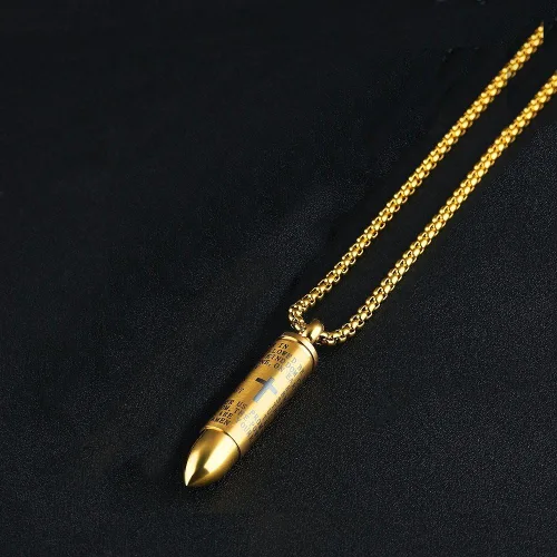 Vista 2 de Collar con colgante de cruz para hombre oro negro urna inglesa oración del Señor acero inoxidable ceniza conmemorativa cadena de bala para regalo