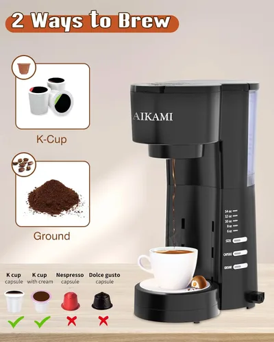 Vista 3 de Cafetera de una sola porción 4 en 1 con espumador de leche y molinillo de café, cafetera para taza K y café molido, con depósito de agua extraíble