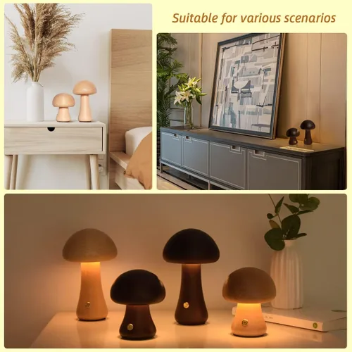 Vista 5 de Lámpara única pequeña de madera con forma de hongos, decoración de setas, lámpara de noche, lámpara de hongo recargable para decoración del hogar