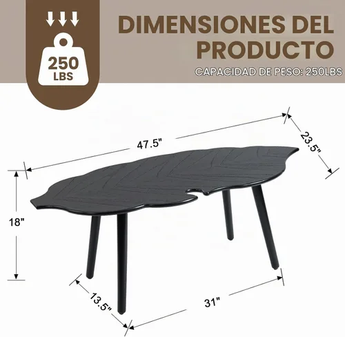 Vista 2 de DUOMAY Mesa de centro moderna en forma de hoja de mediados de siglo, mesa de centro de madera maciza para sala de estar, mesa central de madera