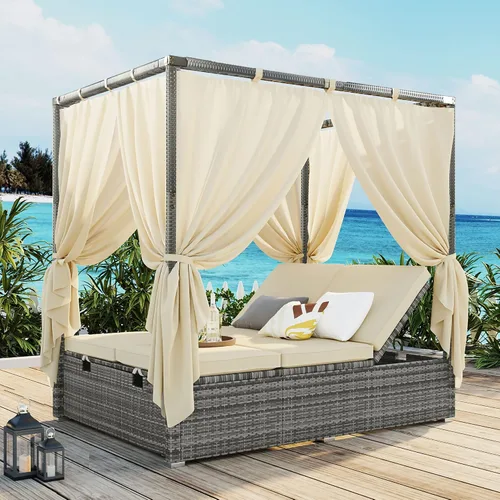 Vista 13 de Sofá cama redondo de ratán al aire libre con toldo retráctil y mesa de centro elevadora, muebles de patio, juego de sofá para piscina Garde