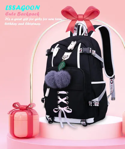 Vista 9 de Mochila para mujeres, adolescentes, niños y niñas, resistente al agua, casual, para laptop con puerto de carga USB, bonita bolsa para viajes