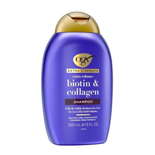 Vista 6 de OGX Champú voluminizador de colágeno extra fuerte con vitamina B7 y proteína de trigo hidrolizada para cabello fino. Tensioactivos sin sulfato