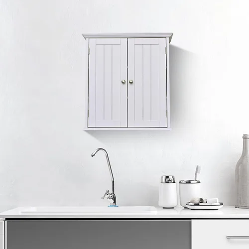 Vista 4 de Armario montado en la pared, ahorro de espacio sobre el inodoro, armario de almacenamiento de madera blanca con puertas dobles y 3 estantes fijos