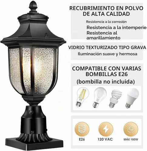 Vista 7 de Luces de poste para exteriores del anochecer al amanecer, cableado de 120 V con base de montaje en muelle, linterna de poste antioxidante, lámpara