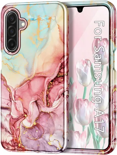 Vista 14 de Btscase Funda para Samsung Galaxy A16 5G, patrón de mármol 3 en 1, resistente a prueba de golpes, cuerpo completo, policarbonato duro y suave Rosa