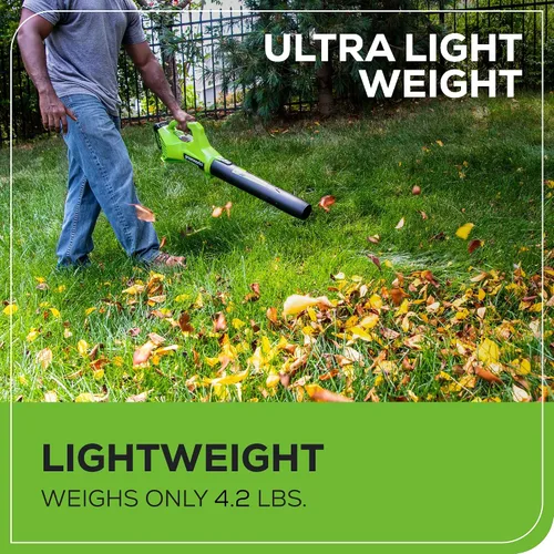Vista 6 de Greenworks Soplador de hojas axial inalámbrico de 24 V (90 MPH / 320 CFM / más de 200 herramientas compatibles), batería de 2.0 Ah y cargador
