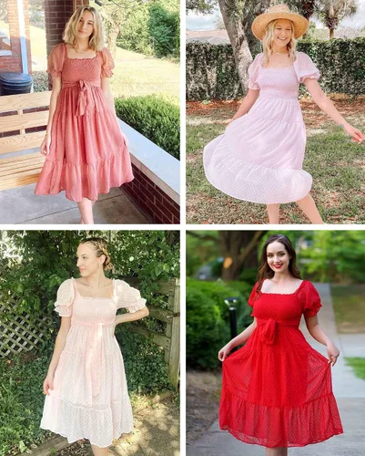 Vista 5 de MEROKEETY - Vestido de verano con lunares suizos para mujer vestido midi con cuello cuadrado, mangas abombadas, volados, lazo en la espalda
