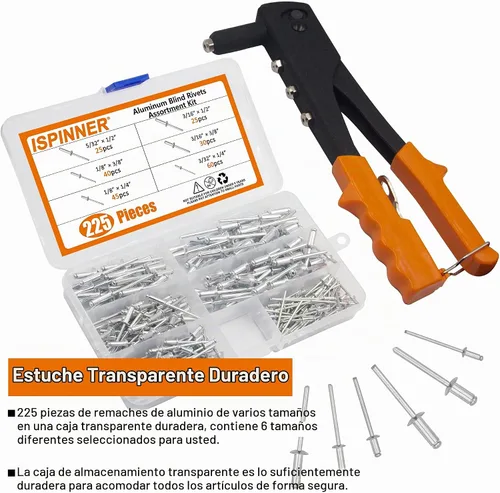 Vista 6 de ISPINNER Kit surtido de remaches ciegos de aluminio de 225 piezas con herramienta de remache manual resistente, 6 tamaños de remaches