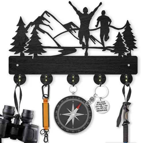 Vista 12 de MAYJOYDIY Perchero de pared de madera con 5 ganchos, diseño de ciervo de bosque negro, soporte para llaves y organizador para entrada, pasillo, sala