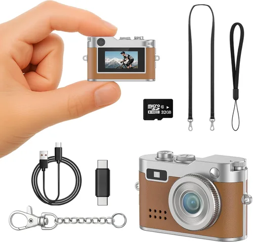 Vista 9 de Mini cámara digital, 1080P HD minúscula cámara retro llavero con tarjeta de 32 GB, pantalla de 0.96 pulgadas y adaptador OTG, cámara de bolsillo