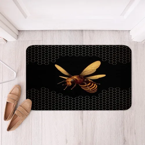 Vista 4 de Erosebridal Honey Bee - Alfombra de baño negra y dorada de 16 x 24 pulgadas, tapete de baño antideslizante con diseño geométrico de panal de abejas
