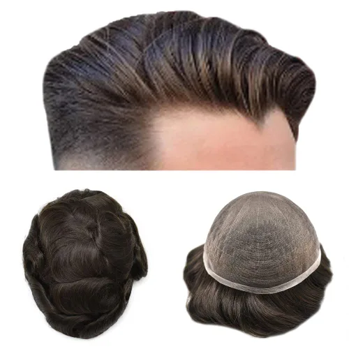 Vista 27 de Completo suizo encaje tupé para hombres pieza de pelo real sistema de reemplazo de cabello humano para hombres Toupee Hairpieces para hombres 7x9