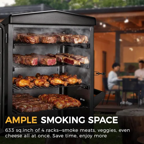 Vista 5 de Ahumador eléctrico con tapa, pantalla LED, sonda integrada para carne, ahumadores de barbacoa de gran capacidad, 4 estantes fuman más con 633 pies