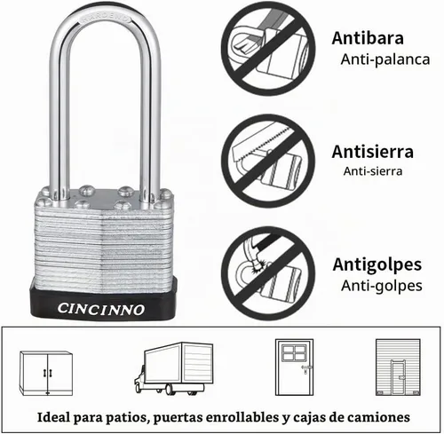 Vista 4 de CINCINNO Candado de acero laminado con llave, paquete de 6 candados iguales con grillete largo