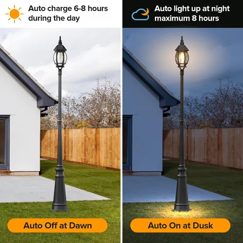 Vista 2 de LUTEC Lámpara solar para poste, luz de poste impermeable del anochecer al amanecer con vidrio transparente, exterior de aluminio vintage negro