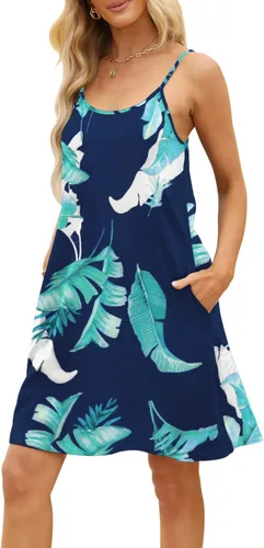 Vista 4 de MERRYVILLA Vestido de verano para mujer, con tirantes delgados, mangas casuales, con vuelo, vestido de playa con bolsillos
