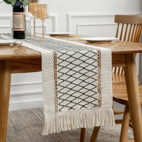 Vista 5 de Camino de mesa, estilo bohemio con borlas, algodón y lino, decoración del hogar de estilo granja para sala de estar, cubrecómodas
