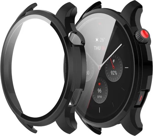 Vista 9 de Funda protectora compatible con Amazfit GTR 4, protector de pantalla de vidrio templado de policarbonato duro, ultrafina, cubierta completa, a