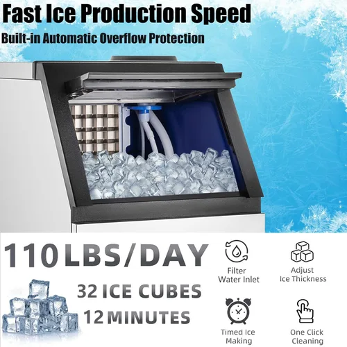 Vista 3 de SmarketBuy Máquina comercial para hacer hielo de 110 libras/24 horas, contenedor de 33 libras, máquina de cubitos de hielo de 220 W de bajo consumo