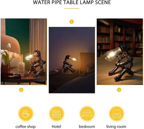 Vista 4 de Lámpara de mesa Steampunk, lámpara de mesa de robot industrial vintage, lámpara de mesa de tubería de agua, luz de escritorio estilo robot