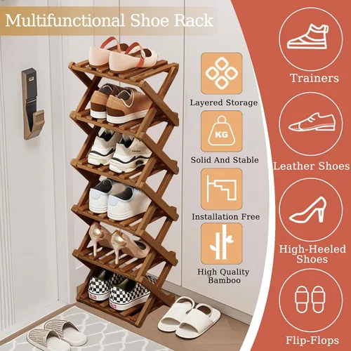 Vista 3 de Comeon Zapatero de bambú, zapatero vertical plegable para puerta delantera, entrada, organizador estrecho de zapatos, estante pequeño para zapatos