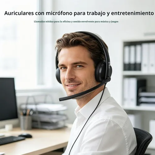 Vista 2 de TOALLIN Auriculares con cable con micrófono, auriculares estéreo USB con micrófono con cancelación de ruido, control de volumen, silencio de una