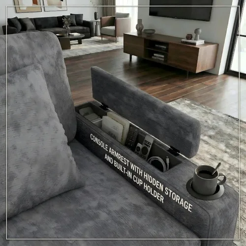 Vista 5 de Sofá modular de 81 pulgadas, sofá cama de 5 plazas en forma de L con cama extraíble, almacenamiento oculto, portavasos y puertos de carga USB, sofás