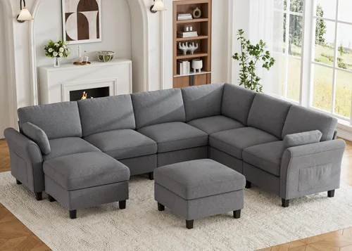 Vista 24 de Legend Vansen Sofá modular seccional, cómodo sofá modular en forma de U de 6 asientos con espacio de almacenamiento y diván, sofás seccionales Crema