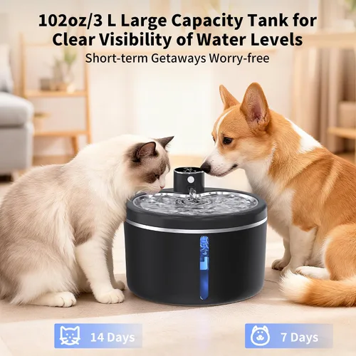 Vista 5 de Fuente de agua para gatos inalámbrica, 108 oz/3L, fuentes para mascotas para gatos de interior con bandeja de acero inoxidable, fuente de agua