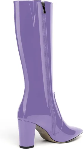 Vista 131 de AMBELIGHT Botas altas hasta la rodilla con cremallera y puntera puntiaguda para mujer, de patente sólida, tacón alto, 3.3 pulgadas