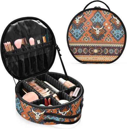 Vista 6 de ALAZA Bolsa de cosméticos de calaveras geométricas aztecas tribales indias, estuche organizador de maquillaje de viaje, bolsa de aseo portátil