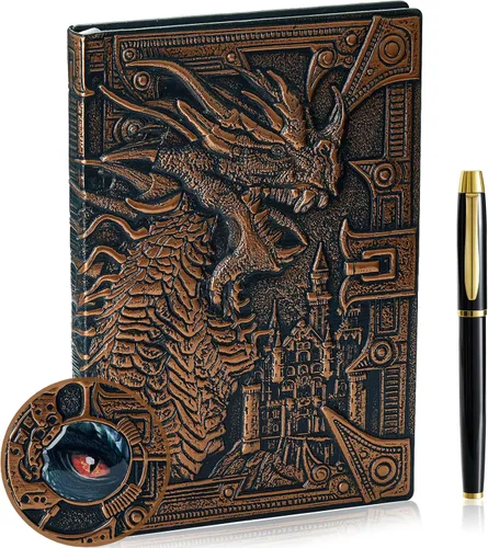 Vista 9 de Cuaderno de escritura de diario de dragón en relieve 3D con juego de bolígrafos, diario DND de tapa dura hecho a mano, bloc de notas diario
