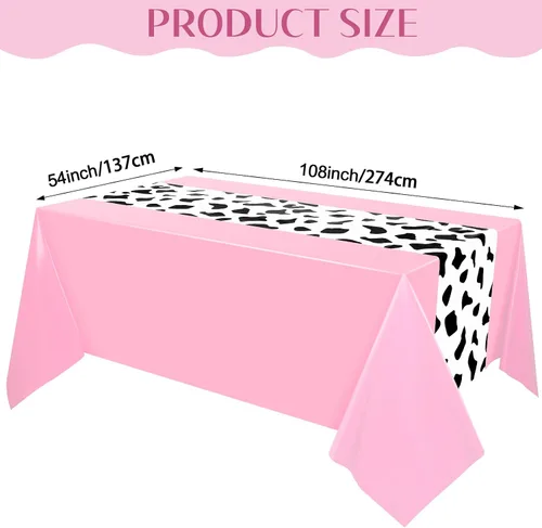 Vista 3 de Oudain Mantel de vaquero rosa de 54 x 108 pulgadas, 6 piezas de 9.84 pies, patrón de vaca, banderines de plástico con temática de vaca, mantel