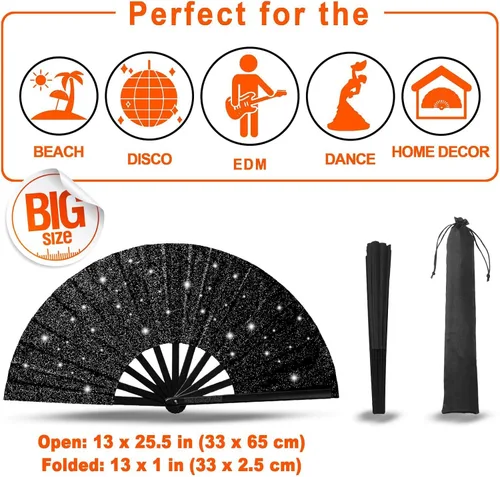 Vista 3 de OMyTea Ventilador grande con purpurina para baile de línea, botas de 13 pulgadas en el suelo, ventilador de mano plegable para EDM, festival de Negro