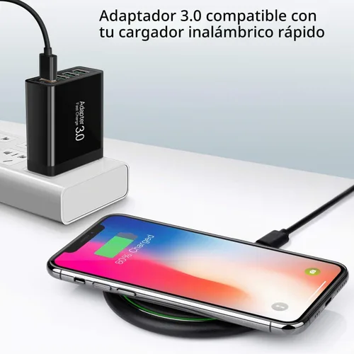 Vista 6 de Cargador de pared 3.0 de carga rápida, bloque de cargador USB de 4 puertos, enchufe USB múltiple negro(Black (4-Port))