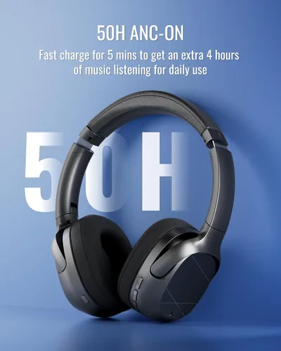 Vista 4 de Auriculares híbridos con cancelación activa de ruido, Bluetooth inalámbrico sobre la oreja, tiempo de reproducción ANC de 50 horas, giratorio