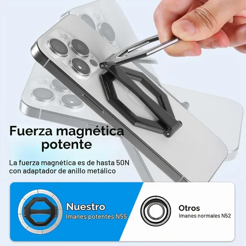 Vista 3 de Soporte magnético octogonal plegable de 360° giratorio para teléfono de escritorio de automóvil, uso universal, compatible con iPhone 12-17 Pro Negro