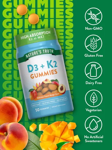 Vista 3 de Nature's Truth Gomitas de vitamina D3 + K2 50 unidades Sabor melocotón y mango Suplemento vegetariano, sin OMG y sin gluten
