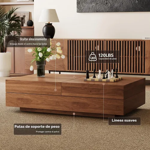 Vista 8 de Mesa de centro expandible de mediados de siglo con almacenamiento – Mesa central ajustable de 47.2"-81.9" para la sala de estar, acabado en madera