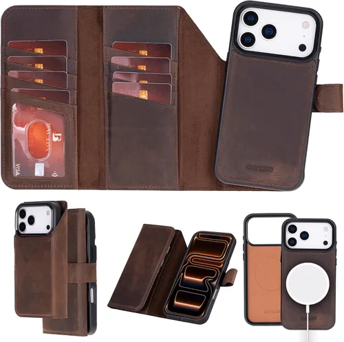 Vista 23 de Bayelon Estuche tipo billetera para iPhone 15 Pro, cartera de cuero desplegable de tres pliegues, cubierta tipo folio magnética desmontable, soporte