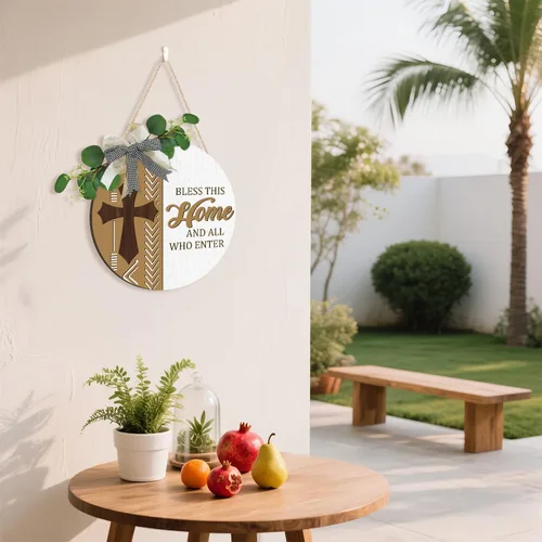 Vista 4 de CHDITB Corona de Letrero de Puerta Frontal Boho Bless This Home (12"x12"), Decoración de Bienvenida 3D de Madera para Colgar en la Pared con Hojas