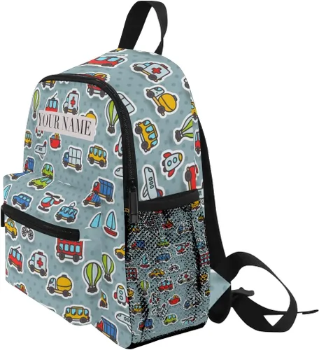 Vista 3 de Mochila personalizada para niños, mochila personalizada con nombre y texto para niños, lindo diseño de caricaturas, transporte, preescolar, jardín