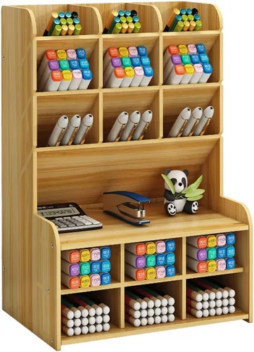 Vista 11 de Hggzeg Organizador de Escritorio de Madera, Portaplumas DIY de Gran Capacidad Caja de Almacenamiento Estante de Almacenamiento de Artículos