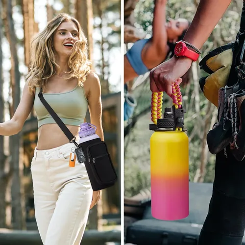 Vista 6 de Botellas de agua de 32 onzas aisladas con pajita y tapa para beber de un sorbo, asa de paracord, bolsa de transporte con correa, termo de triple