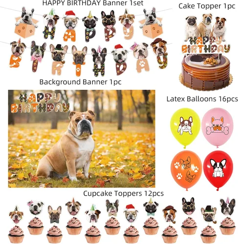 Vista 2 de Decoraciones de fiesta de bulldog francés, recuerdos de fiesta, incluye fondo de 3.2 x 4.9 pies, lindo cartel temático de bulldog inglés francés