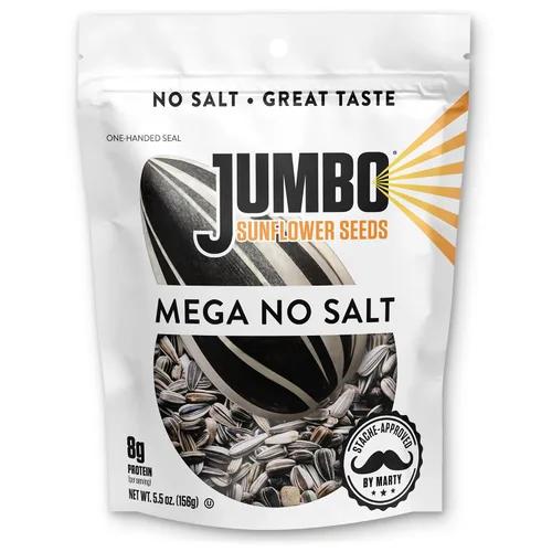 Vista 8 de JUMBO Sunflower Seeds to Eat, Mega Sin Sal, Bolsas de 5.5 oz (paquete de 12) – Semillas sin sal tostadas en la cáscara, aperitivo bajo en sodio