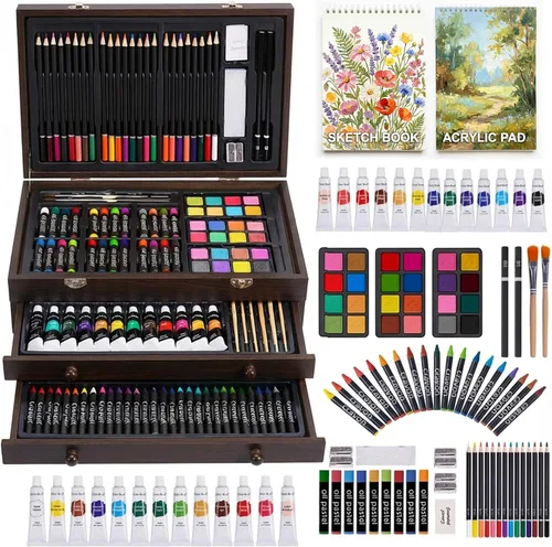 Vista 12 de Juego de arte de lujo de 175 piezas en madera, kit de dibujo y pintura con 2 blocs de dibujo, pinturas acrílicas, lápices de colores, lápices