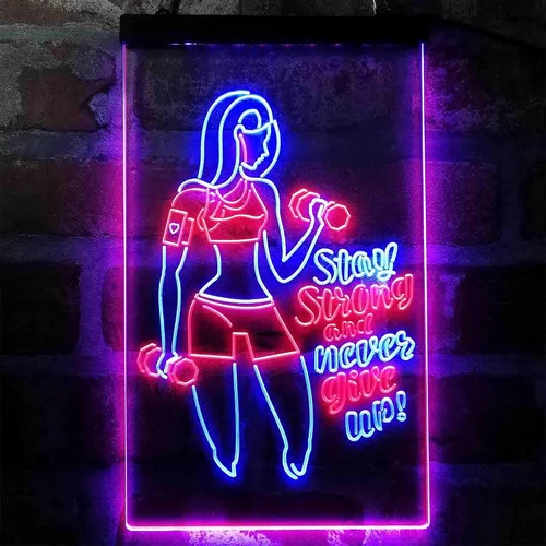 Vista 2 de ADVPRO Fitness Club Gym Stay Strong Never Give Up Dual Color LED Neon Sign azul & rojo 8 x 12 pulgadas st6s23-i4043-br